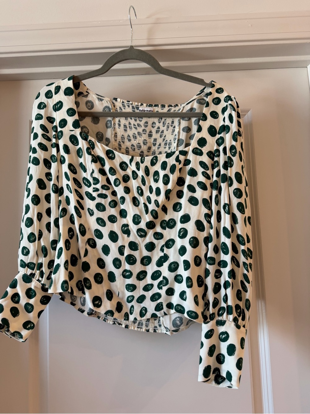 Reformation Cream Scoop Neck Blouse with Green Dot Print